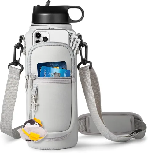Vista 14 de RRegeny Soporte para botella de agua con correa para Hydroflask de 32 oz 40 onzas, bolsa de transporte con bolsillo para teléfono, funda para Negro