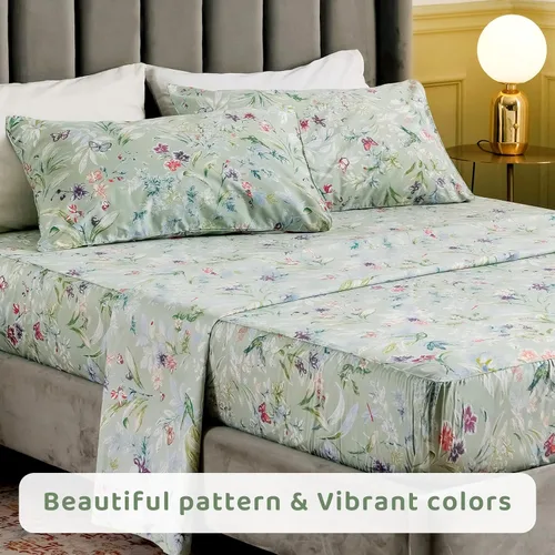 Vista 5 de QSH Juego de sábanas de tamaño individual 100% algodón egipcio, estampado de flores verdes con pájaros, mariposas y botánicas, lujo impreso, ropa