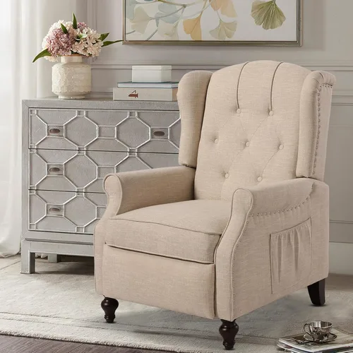 Vista 8 de Silla reclinable PALLOME con respaldo alto, asiento con masaje y calor, tapizado de tela, con respaldo acolchado, silla reclinable para sala de Beige