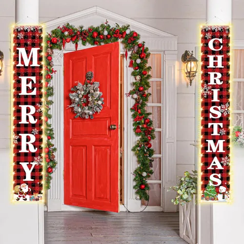 Vista 5 de Cartel iluminado de Feliz Navidad de 71 x 12 pulgadas para puerta, porche, patio, decoración festiva de Navidad, decoración temática de vacaciones