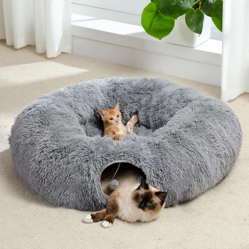 Vista 7 de PAWZ Road Túnel grande para gatos, cama túnel para gatos con alfombrilla central suave y bolas colgantes, tubo plegable de felpa esponjosa
