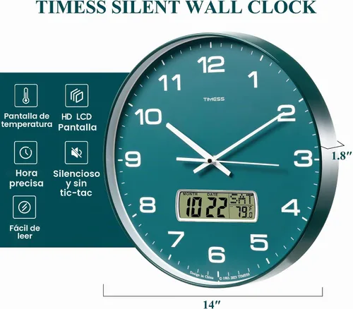 Vista 7 de Reloj de pared TIMESS, de 14" con gran esfera silenciosa y sin tictac, funciona con pilas, analógico con pantalla LCD para calendario perpetuo