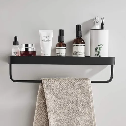 Vista 8 de Estante de vidrio templado para baño de 15.7 pulgadas con toallero, organizador de ducha de aluminio montado en la pared, gabinete de almacenamiento
