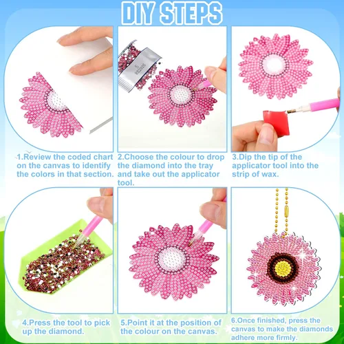 Vista 3 de FairySandy Juego de 20 llaveros de flores con pintura de diamantes de primavera para adultos, diseño de girasol, diamantes de imitación 5D, adorno