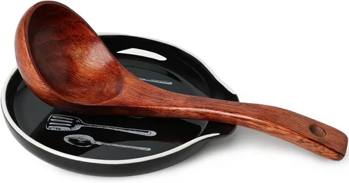 Vista 3 de GDCZ - Soporte de cuchara de cerámica de 5 pulgadas para encimera de cocina y estufa (negro, 1) 5 Inch Round Spoon Rest, Grooved Slot, Keeps