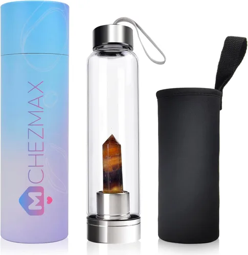 Vista 10 de ChezMax Botella de agua en cristal con centro de cristal natural intercambiable 18.6Oz, Natural Quartz Gemstone, Juice Container with Lid Sleeve