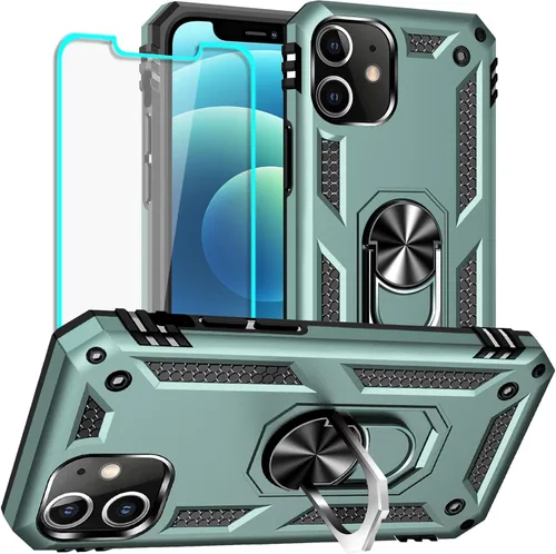 Vista 13 de Yiakeng Funda para iPhone 12 Mini: Funda para iPhone 12 Mini con protector de pantalla HD, fundas protectoras de grado militar con anillo para Verde