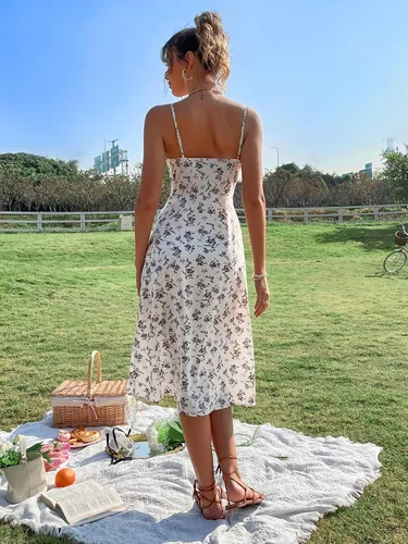 Vista 2 de Floerns - Vestido de verano con tirantes delgados con abertura en la pierna, para mujer, por debajo de la rodilla, floral