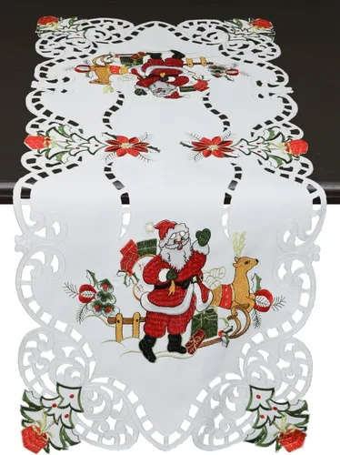 Vista 6 de Creative Linens Juego de 4 manteles individuales bordados de Navidad con Papá Noel, reno, flor de pascua, 11 x 17 pulgadas, color blanco