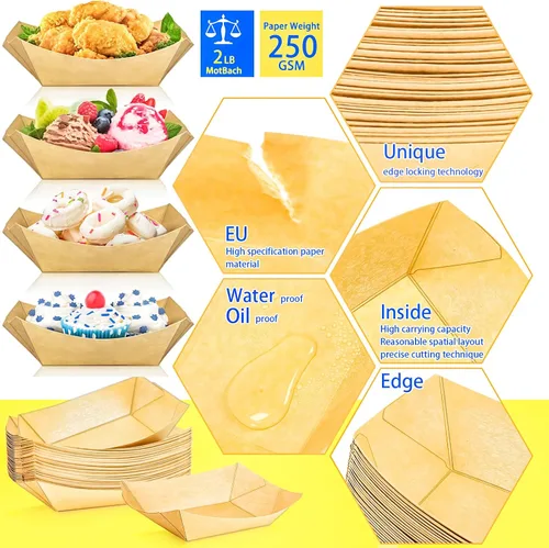 Vista 4 de Paquete de 120 bandejas de papel desechables de 2 libras de papel para barcos, bandeja de servir comida kraft, cestas para aperitivos, palomitas
