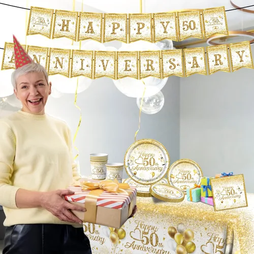 Vista 3 de Decoraciones de 50 aniversario: juego de vajilla Happy 50th con platos y servilletas con purpurina blanca y dorada para saludos a 50 años