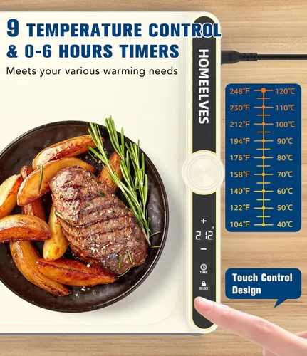 Vista 2 de Tapete de calentamiento de alimentos, bandeja de calentamiento eléctrico de calentamiento rápido con 9 ajustes de temperatura y temporizador de 6