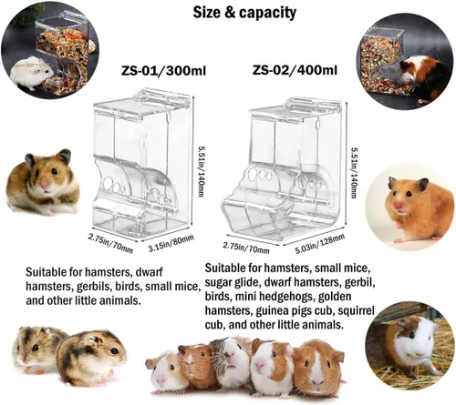 Vista 6 de Comedero para hámsters, dispensador automático de animales pequeños, acrílico transparente, recipiente de almacenamiento de alimentos para mascotas