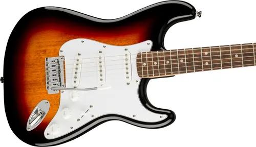 Vista 3 de Guitarra eléctrica Squier Affinity Series Stratocaster, con garantía de 2 años, efecto sunburst de 3 colores, diapasón de laurel Poplar Body