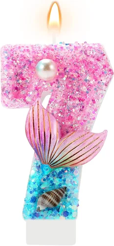 Vista 22 de Velas de cumpleaños, velas rosas y moradas del número 0 decoradas con caracolas, estrellas de mar y perlas para fiesta temática de sirena Morado