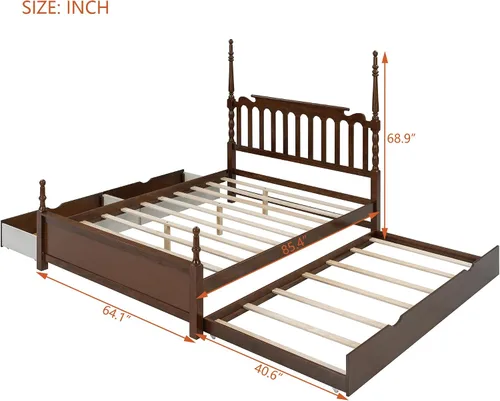 Vista 2 de MERITLINE Cama de plataforma tamaño Queen con cama nido individual XL y 2 cajones de almacenamiento, marco de cama de plataforma de madera maciza