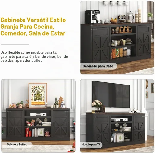 Vista 6 de Hlivelood Mueble de TV Estilo Granja de 66" con Tomas de Corriente para TVs de 75 Pulgadas, Centro de Entretenimiento de 33" de Alto con Gabinetes