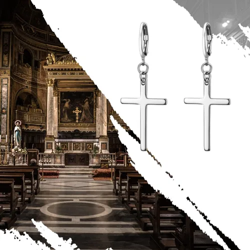 Vista 6 de Flongo Aretes de tuerca, de acero inoxidable, perlas y cruz, con bisagras, para Navidad, día de San Valentín, estilo 1, F101037