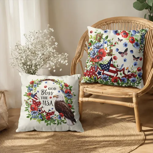 Vista 4 de Juego de 2 fundas de almohada de 16 x 16 pulgadas con diseño patriótico floral y estrellas de la independencia del Día de los Caídos, fundas