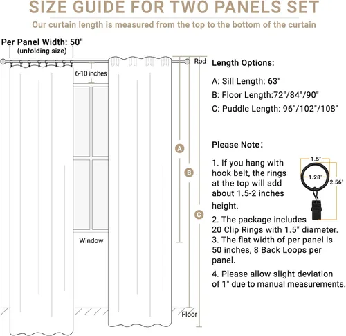 Vista 6 de 100% Blackout Shield Cortinas opacas completas para dormitorio de 63 pulgadas de largo, juego de 2 paneles, anillos de clip/bolsillo para barra