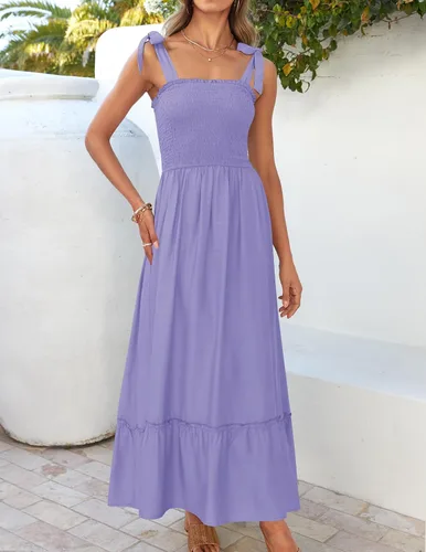 Vista 2 de ZESICA - Vestido largo, bohemio de verano para mujer, acampanado, con tirantes delgados, cuello cuadrado y volantes, vestido largo para la playa