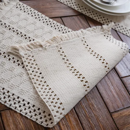 Vista 4 de Camino de mesa de macramé, color beige crema, bohemio, con borlas, camino de mesa de algodón tejido a mano, camino de mesa rústico para cocina