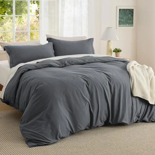 Vista 490 de Bedsure Juego de funda de edredón, tamaño individual, suave y prelavado, blanco, 2 piezas, 1 funda de edredón de 68 x 90 pulgadas, cierre