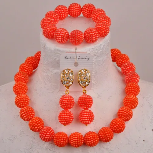 Vista 2 de Conjunto de joyas de cuentas africanas para boda nigeriana Collar y pendientes de perlas simuladas para mujer
