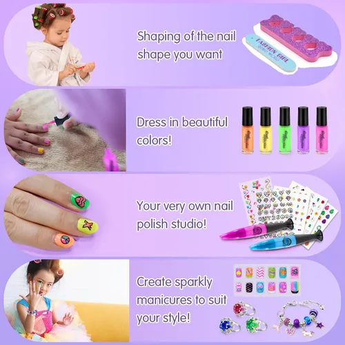 Vista 4 de Juego de esmaltes de uñas para niñas, kit de arte de uñas DIY con secador de uñas, uñas postizas, pegatinas de uñas, esmalte de uñas despegable,
