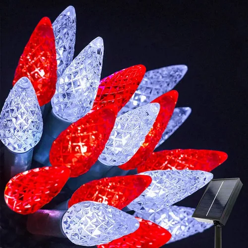Vista 8 de 39 pies 100 luces LED solares C6 LED de Navidad – al aire libre, 8 modos C6 fresa multicolor cadena de luces para árbol de Navidad, vacaciones