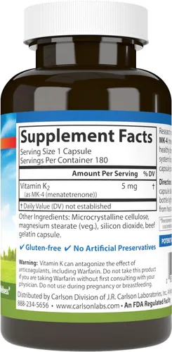 Vista 2 de Carlson - Vitamina K2 MK-4 (Menatetrenona), 5 mg, Suplemento de Vitamina K, Soporte Óseo, Vitamina K2, Sin Soja, Vitamina K-2, 180 Cápsulas