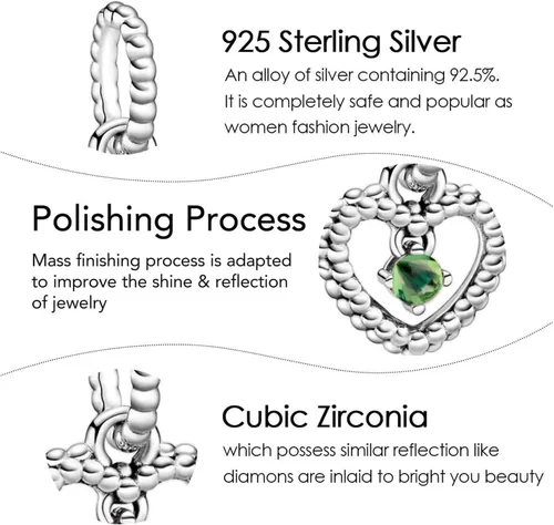 Vista 5 de Dijes de piedra natal de plata de ley 925 con dije de corazón para pulsera, collar, dije de feliz cumpleaños, cuentas colgantes de corazón