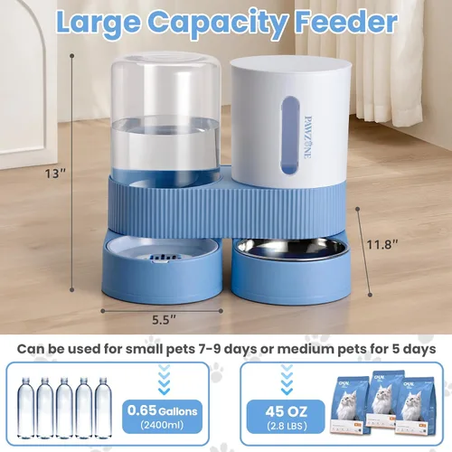 Vista 2 de Alimentador automático para gatos, dispensador de agua de acero inoxidable, alimentador de alimentos por gravedad y bebedero con cuenco de comida