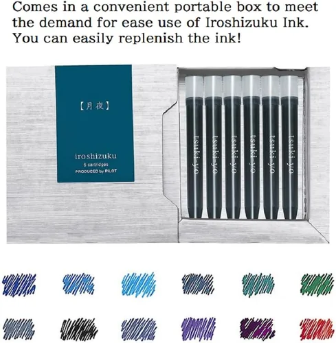 Vista 3 de Pilot Iroshizuku - Cartuchos de tinta para pluma estilográfica Shin-Kai (azul oscuro) 6 piezas IRF-6S-SNK con adhesivo Kanji Love
