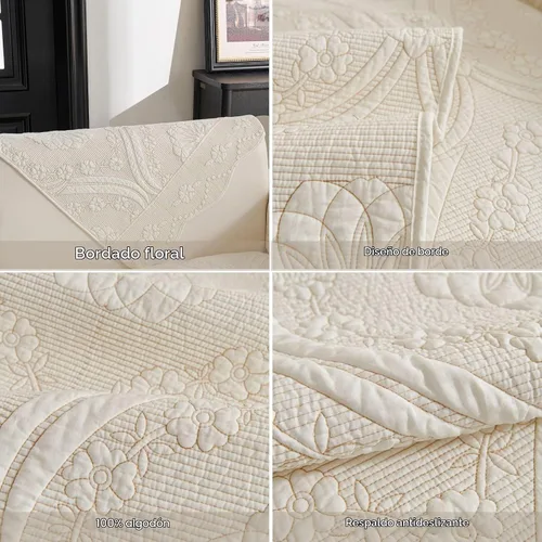 Vista 7 de vctops Funda acolchada de algodón para sofá, funda de sofá con bordado floral de granja, antideslizante, suave, festoneado, protector de muebles