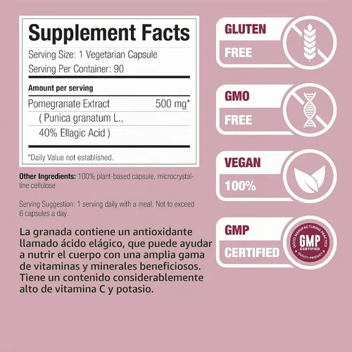 Vista 2 de Nature Restore Suplemento de extracto de semilla de granada, estandarizado al 40% de ácido elágico, sin OMG, sin gluten, 90 cápsulas, fabricado