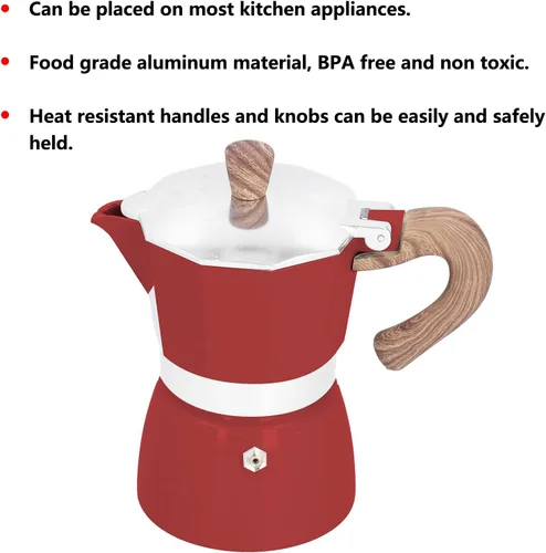 Vista 2 de Moka Pot - Cafetera de café expreso de aluminio de 5.1 fl oz, cafetera moka octogonal para oficina en casa (rojo)