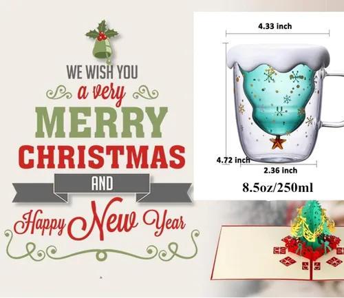 Vista 7 de MUCHENGGIFT Bonita taza de café con diseño de árbol de Navidad, taza de té y leche con aislamiento de doble pared, taza de espresso, el mejor regalo