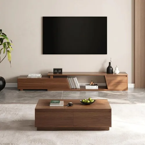 Vista 10 de homary Soporte de TV extensible y mesa auxiliar anidable, centro de entretenimiento moderno de 2 piezas con cajones para sala de estar