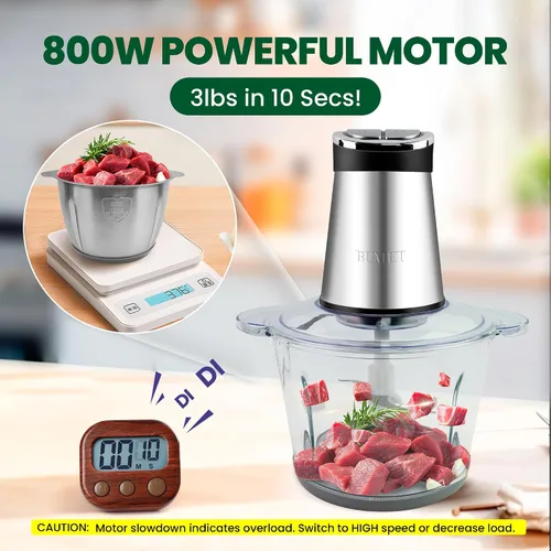 Vista 4 de BUMET tazones 2X12 tazas 800W procesador de alimentos eléctrico con temporizador LED. Cuchilla de 3 niveles con 6 filos para picar, cortar, ideal