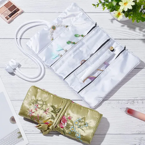 Vista 7 de WEBEEDY Bolsa de joyería de viaje bordada, bolsa de joyería bordada de flores para anillos, collares, aretes, pulsera, organizador con lazo Clos