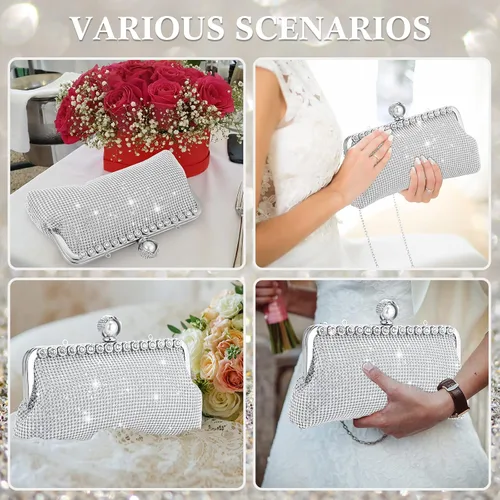 Vista 5 de Bolso de mano para mujer, bolso de noche con diamantes de imitación y purpurina de doble cara con cadena, bolso cruzado de hombro para fiesta