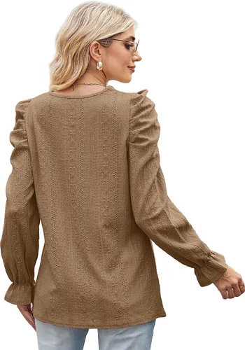 Vista 4 de WIHOLL Puff Sleeve Tops for Women Crewneck Eyelet Tunic Shirts Fall Clothes