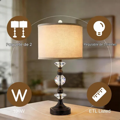 Vista 4 de Juego de 2 lámparas de mesa de cristal de 25.5" para dormitorio, lámparas de mesita de noche de bronce con puertos de carga USB A+C con pantalla