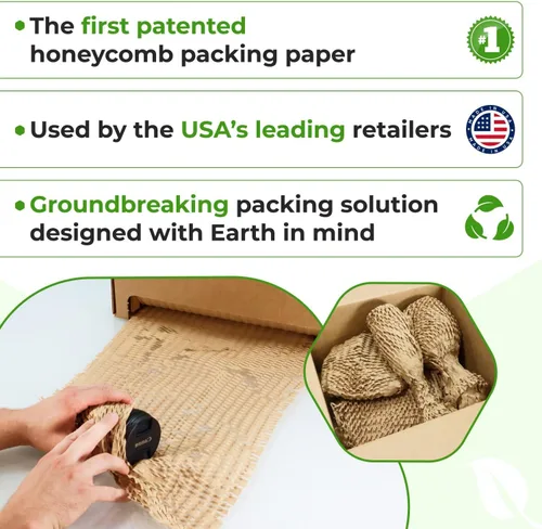 Vista 5 de IDL Packaging Juego de papel de embalaje de panal, marrón, rollo de papel kraft HexcelWrap de 15 pulgadas x 1400 pies en caja autodispensada + 1
