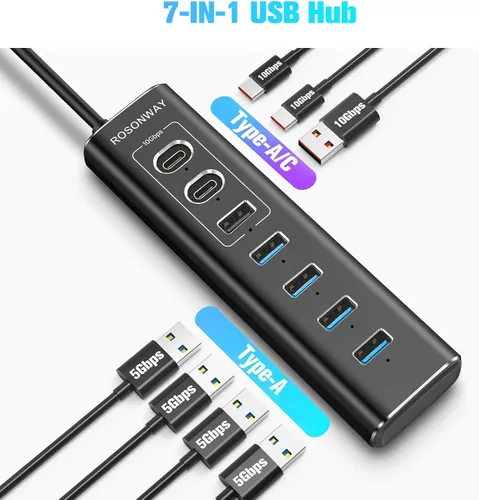 Vista 5 de Concentrador USB alimentado, concentrador USB 3.2/USB C de 7 puertos Rosonway con USB-A 3.2 de 10 Gbps, 2 USB-C 3.2, 4 puertos USB 3.0