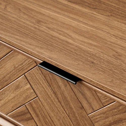 Vista 4 de mopio Axis - Mesa auxiliar de nogal en espiga de 47 pulgadas con patas y asas de metal negro delgadas reforzadas, diseño industrial