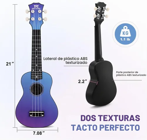 Vista 2 de Ukelele Soprano MUSTAR, Ukelele de Tilo de 21 Pulgadas para Principiantes, Kit de Ukeleles con Bolsa de Concierto, Correa, Púas, Paño, Adhesivo Azul