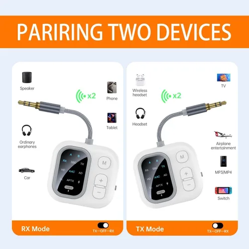 Vista 4 de Adaptador Bluetooth 5.3 para avión, compatible con 2 auriculares inalámbricos duales, aptX Adaptive 0.138 in AUX Jack Transmisor de audio