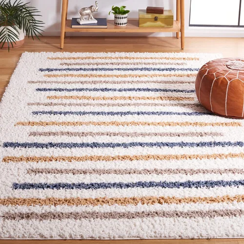 Vista 8 de SAFAVIEH Calico Shag Collection - Alfombra para pasillo, 2 pies 2 pulgadas x 8 pies, color marfil y dorado, diseño a rayas, no desprende pelusa